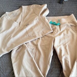 Women’s Khaki Figs Scrub Set with Teal Accent